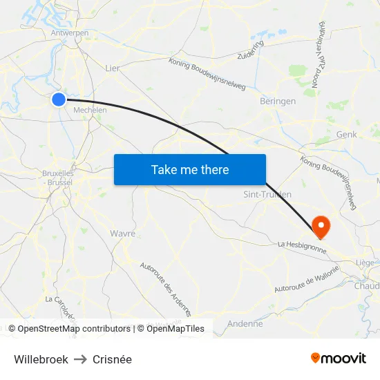 Willebroek to Crisnée map