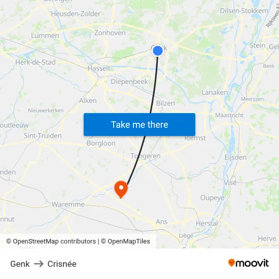 Genk to Crisnée map