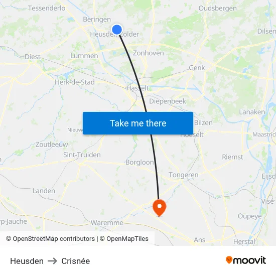 Heusden to Crisnée map