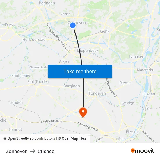 Zonhoven to Crisnée map