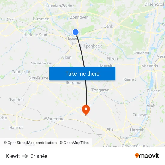 Kiewit to Crisnée map