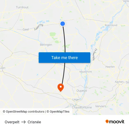 Overpelt to Crisnée map