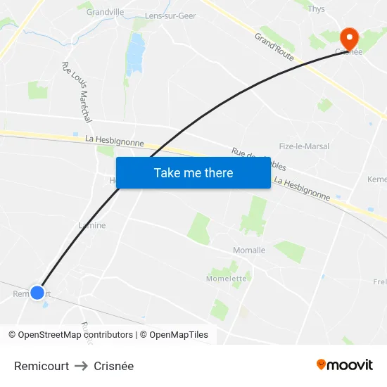 Remicourt to Crisnée map