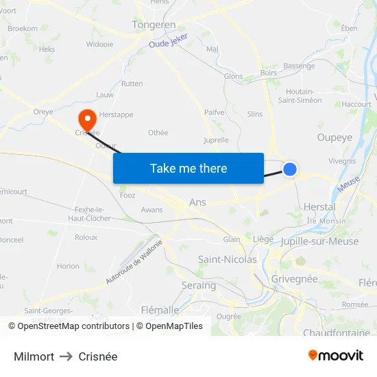 Milmort to Crisnée map
