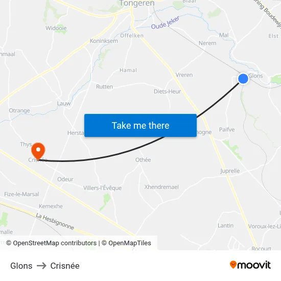 Glons to Crisnée map