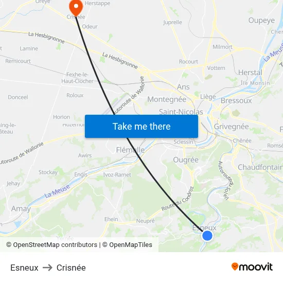 Esneux to Crisnée map
