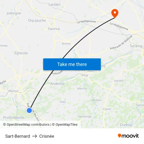 Sart-Bernard to Crisnée map