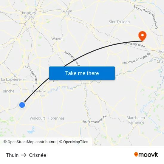 Thuin to Crisnée map