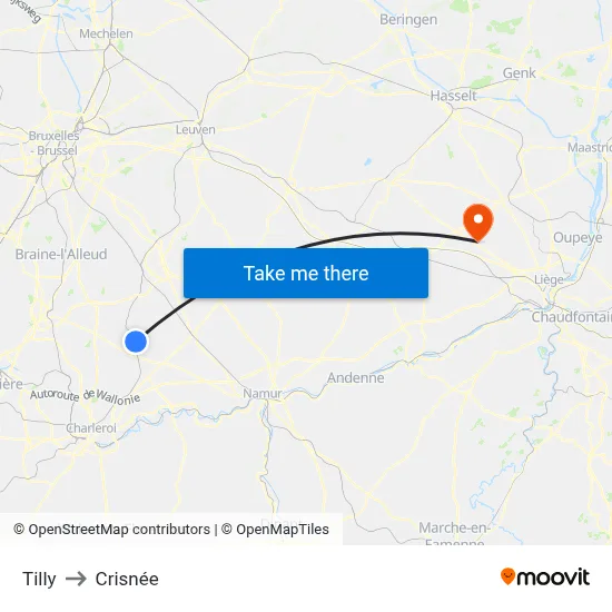 Tilly to Crisnée map
