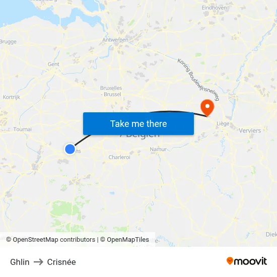Ghlin to Crisnée map