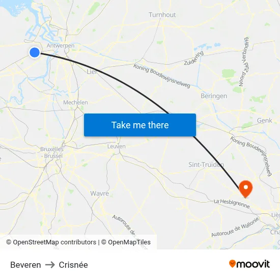 Beveren to Crisnée map