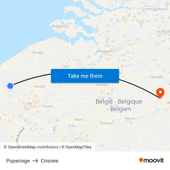Poperinge to Crisnée map