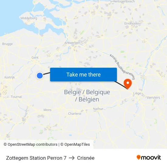 Zottegem Station Perron 7 to Crisnée map