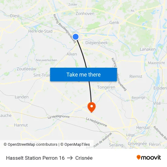 Hasselt Station Perron 16 to Crisnée map