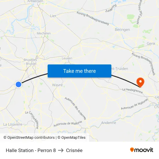 Halle Station - Perron 8 to Crisnée map