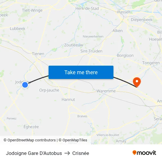 Jodoigne Gare D'Autobus to Crisnée map
