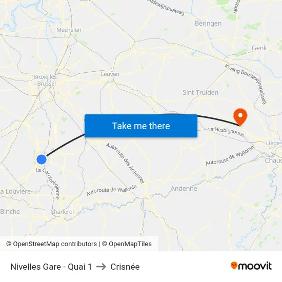 Nivelles Gare - Quai 1 to Crisnée map