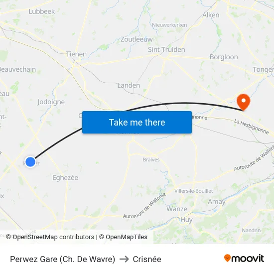 Perwez Gare (Ch. De Wavre) to Crisnée map