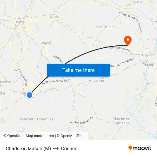 Charleroi Janson (M) to Crisnée map