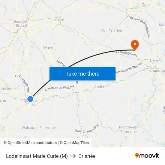 Lodelinsart Marie Curie (M) to Crisnée map