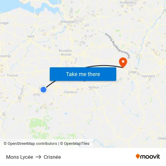 Mons Lycée to Crisnée map