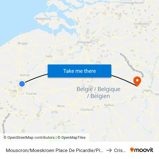 Mouscron/Moeskroen Place De Picardie/Picardieplein to Crisnée map