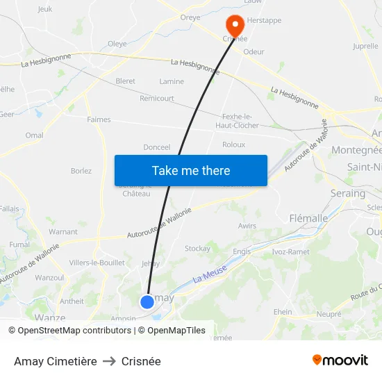 Amay Cimetière to Crisnée map