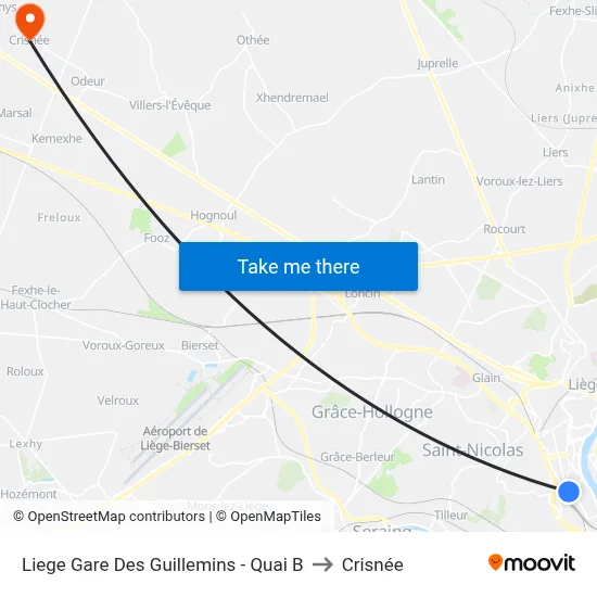 Liege Guillemins Station - Platform B to Crisnée map