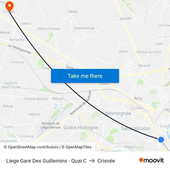 Liege Gare Des Guillemins - Quai C to Crisnée map