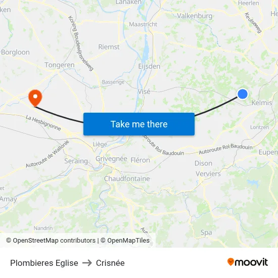 Plombieres Eglise to Crisnée map