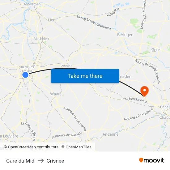 Gare du Midi to Crisnée map