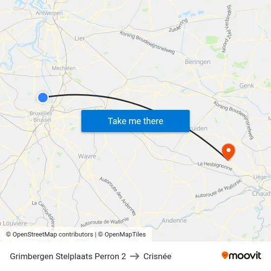 Grimbergen Stelplaats Perron 2 to Crisnée map