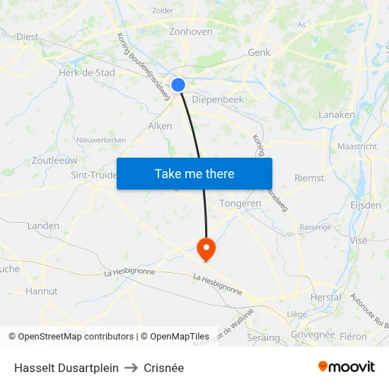 Hasselt Dusartplein to Crisnée map