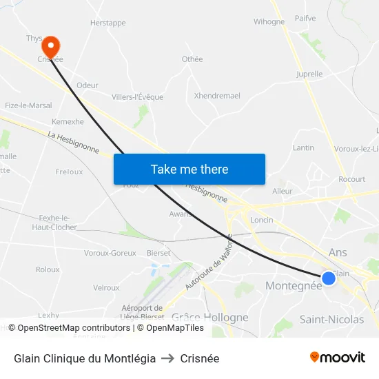 Glain Clinique du Montlégia to Crisnée map
