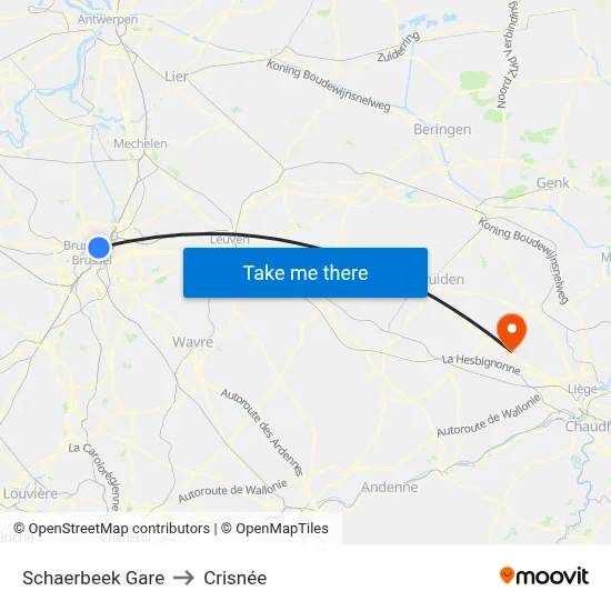 Schaerbeek Gare to Crisnée map