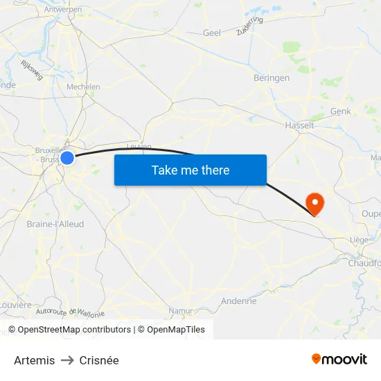 Artemis to Crisnée map