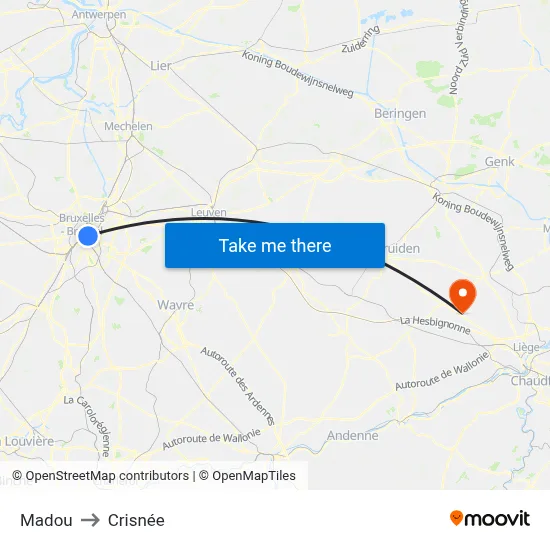 Madou to Crisnée map