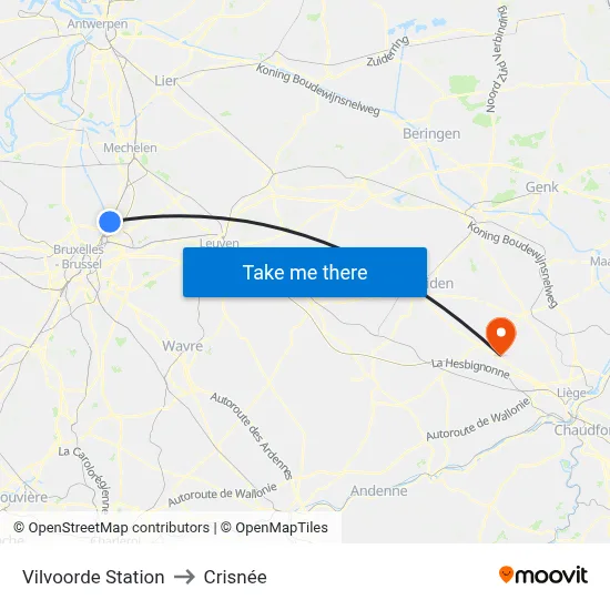 Vilvoorde Station to Crisnée map