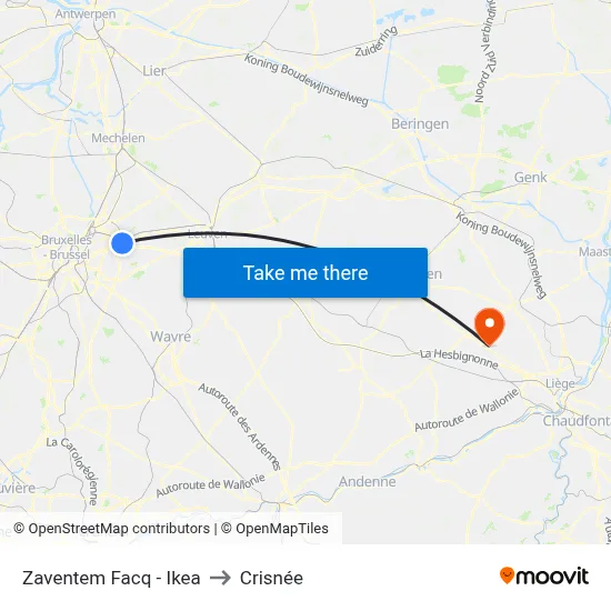 Zaventem Facq - Ikea to Crisnée map