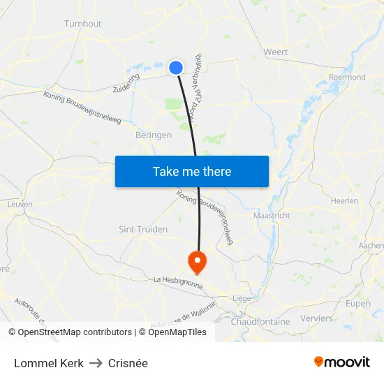 Lommel Kerk to Crisnée map
