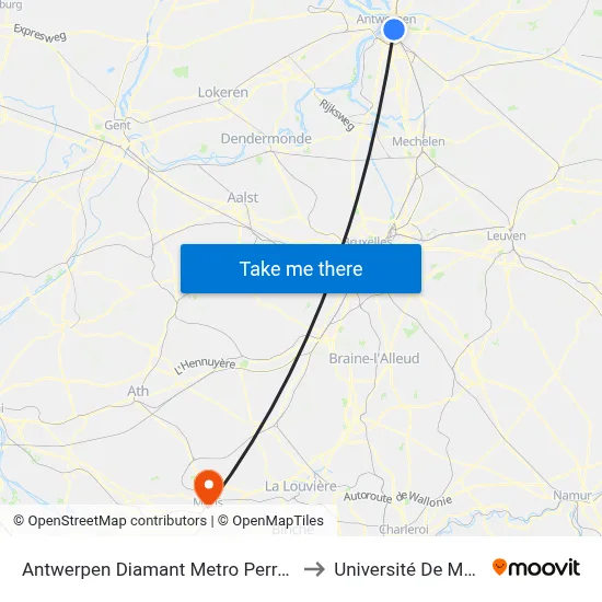 Antwerpen Diamant Metro Perron B to Université De Mons map