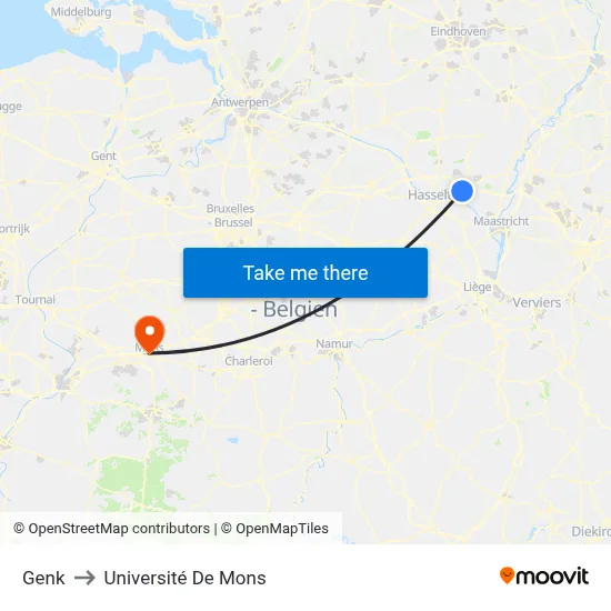 Genk to Université De Mons map