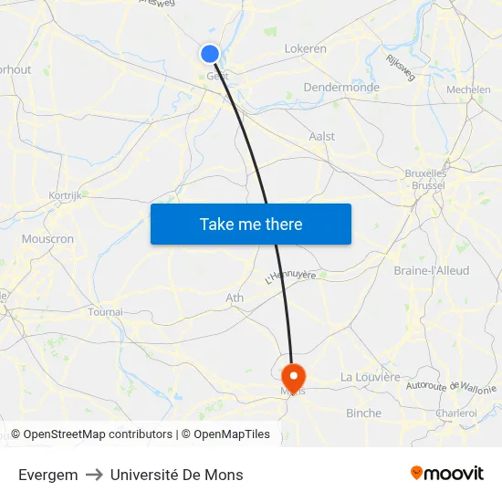 Evergem to Université De Mons map