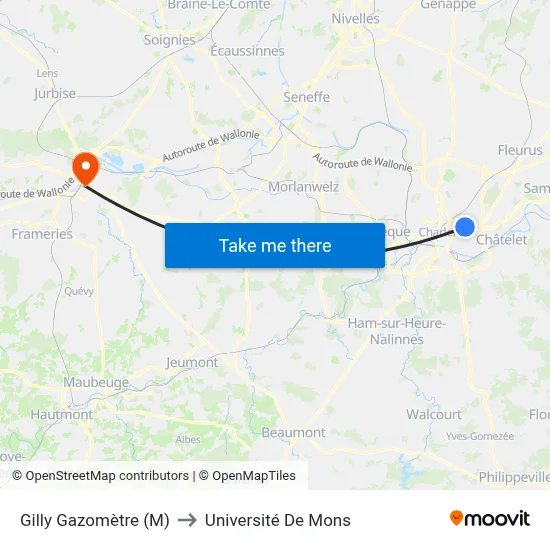 Gilly Gazomètre (M) to Université De Mons map