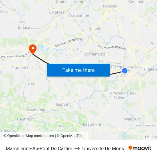 Marchienne-Au-Pont De Cartier to Université De Mons map