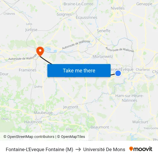 Fontaine-L'Eveque Fontaine (M) to Université De Mons map