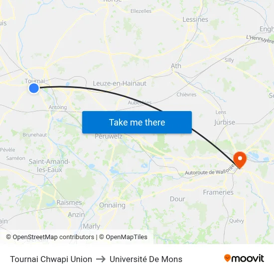 Tournai Chwapi Union to Université De Mons map