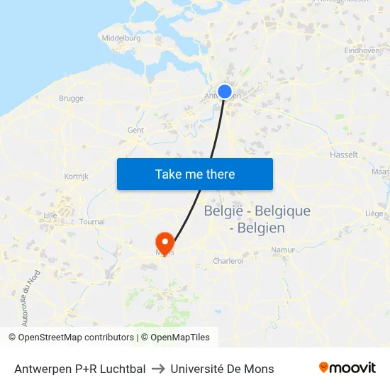 Antwerpen P+R Luchtbal to Université De Mons map
