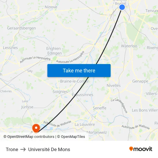 Trone to Université De Mons map