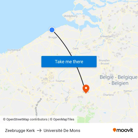 Zeebrugge Kerk to Université De Mons map